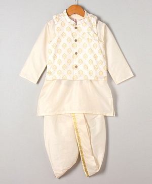 Babyhug Full Sleeves Kurta, Dhoti & Waistcoat - Ivory Gold