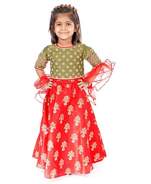 Babyhug Half Sleeves Embroidered Choli Lehenga and Ruffled Dupatta Set - Green Red