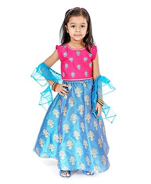 Babyhug Embroidered Choli Lehenga & Dupatta - Fuchsia Pink & Blue