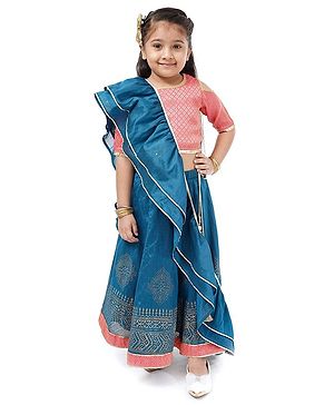 Babyhug Three Fourth Choli & Lehenga With Dupatta Sequin & Lace Detailing - Coral Blue