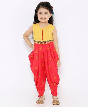 Babyhug Sleeveless Ethnic Jumpsuit Floral Print - Yellow Coral