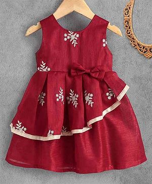 Babyhug Sleeveless Layered Dress Floral Embroidery - Maroon - 3-6m Maroon