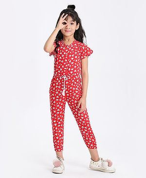 Babyhug Half Length Jumpsuit Floral Print - Red