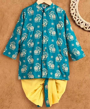 Babyhug Full Sleeves Kurta and Dhoti Set Elepahant Print - Yellow Blue