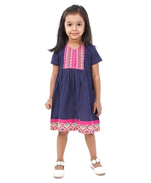 Babyhug Half Sleeves Ethnic Dress Floral Detailing - Navy Blue