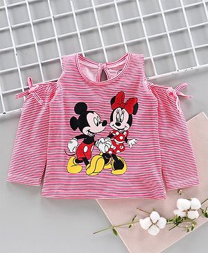Babyhug Full Sleeves Cold Shoulder Top Minnie Mouse Print - Peach
