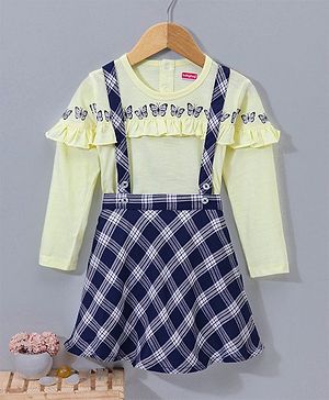 Babyhug Full Sleeves Top & Checks Skirt Butterfly Print - Yellow Navy Blue