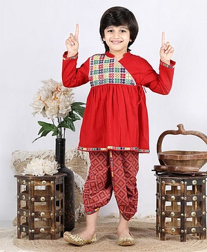 Babyhug Angarkha Style Kurta & Bandhani Dhoti Mirror Detail - Red - 2-3Y Red