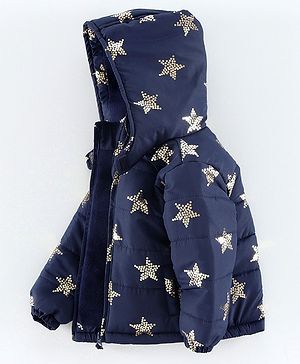 Babyhug Full Sleeves Hooded Padded Jacket Star Print - Navy Blue