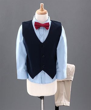 Babyhug 3 Piece Full Sleeves Party Suit With Bow - Beige Blue - 6-9m Blue