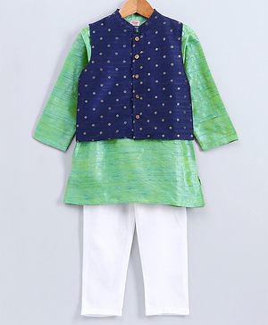 Babyhug Full Sleeves Kurta Pajama with Waistcoat - Green & Navy