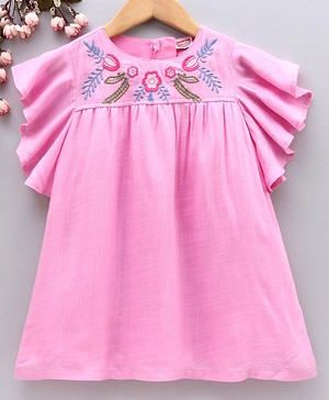 Babyhug Flutter Sleeves Ethnic Dress Floral Embroidery -Pink - 18-24m Pink