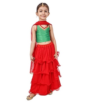 Babyhug Sleeveless Choli & Layered Lehenga With Dupatta Sequin Detailing - Green Maroon