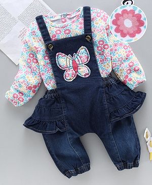 Babyhug Dungaree With Full Sleeves Inner T-Shirt Floral Print - Pink Blue
