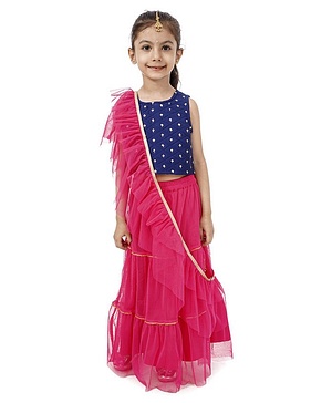 Babyhug Sleeveless Embroidered Choli & Lehenga with Dupatta - Pink Blue