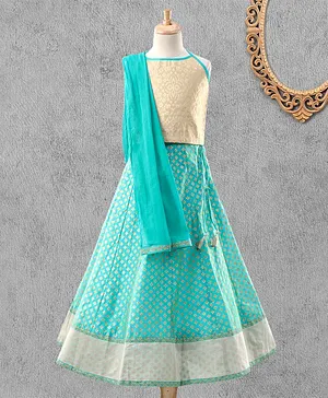 Global Desi Girl Sleeveless Self Design Choli With Lehenga & Dupatta - Blue