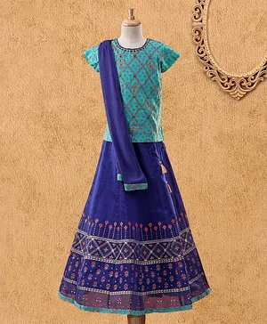 Global Desi Girl Short Sleeves Tiny Flower Print Choli With Lehenga & Dupatta Set - Ink Blue