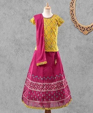 Global Desi Girl Short Sleeves Tiny Flower Print Choli With Lehenga & Dupatta Set - Magenta & Yellow