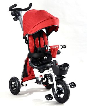 Babyhug Prodigy Plug & Play 7 in 1 Stroller Trike with Foldable Frame|360° Rotatable Seat|Rubber Wheels with Brakes|Parental Handle with Canopy|Storage Basket with Bell for Boys & Girls - Red