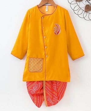 Babyhug Full Sleeves Kurta & Dhoti Swan Embroidery - Yellow Orange