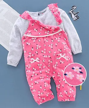Babyhug Dungaree Romper with Inner Tee Floral  Print - Pink White