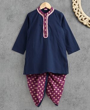 Babyhug Full Sleeves Kurta & Dhoti Floral Print - Navy Blue Violet