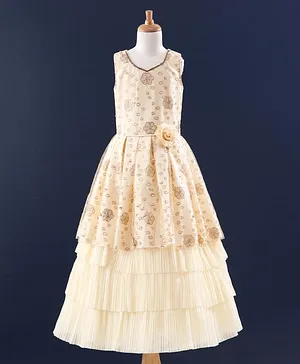Enfance Sleeveless Glitter Print & Pearl Embellished Layered Gown - Cream