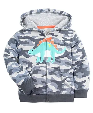 Kookie Kids Full Sleeves Hooded Camouflage Sweat Jacket Dino Patch - Grey
