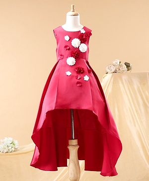 Babyhug Party Wear Sleeveless High Low Frock Floral Appliques - Red
