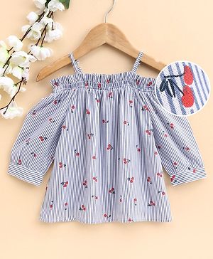 Babyhug Three Fourth Sleeves Off Shoulder Striped Top Cherry Print - Blue