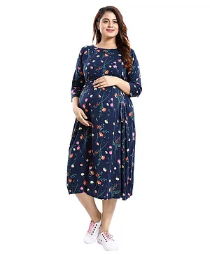 Mamma's Maternity Full Sleeves Flower Print Maternity & Feeding Dress  - Navy Blue
