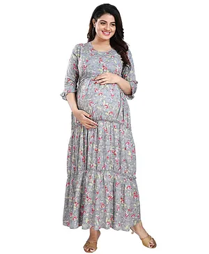 Mamma's Maternity Maxi Length Three Fourth Sleeves Floral Print Dress - Grey