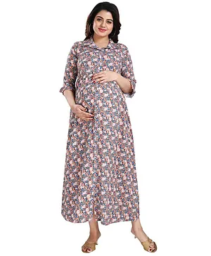 Mamma's Maternity Three Fourth Sleeves Floral Print Dress - Pink