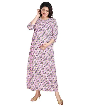 Mamma's Maternity Three Fourth Sleeves Maxi Length Maternity & Nursing Abstract Print Dress  - Pink