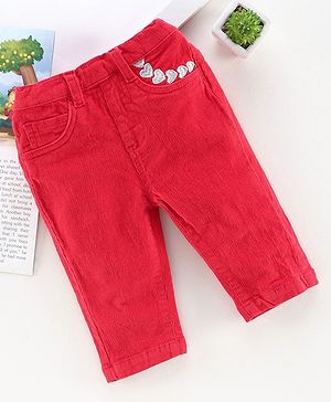 Babyhug Full Length Corduroy Pant Heart Embroidered - Red