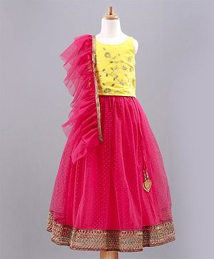 Babyhug Singlet Sleeves Choli with Lehenga & Dupatta Floral Sequin Embellishment - Yellow Pink