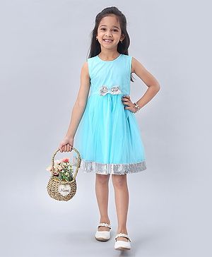 Babyhug Sleeveless Frock with Sequin Bow & Hem - Blue