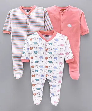 Bumzee Baby Elephant Print Full Sleeves Pack Of 3 Sleep Suits - Pink