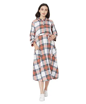 MOM'S BEE Three Fourth Sleeves Checked Maternity Dress - Multi Color
