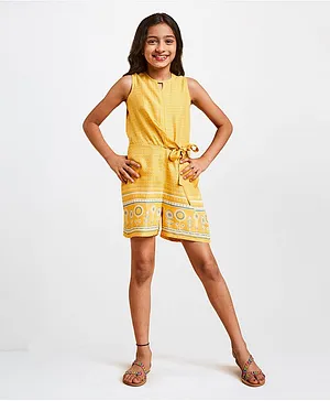 Global Desi Girl Flower Print Sleeveless Jumpsuit - Mustard