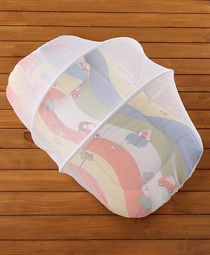 Babyhug Premium Gadda Set With Mosquito Net Orange - Mini Cars Print