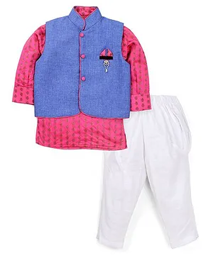 Active Kids Wear Jodhpuri Kurta And Pajama With Jacket Brooch Design - Blue And Pink