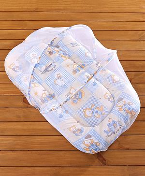 Babyhug Cotton Mosquito Net With Mattress Printed - Blue