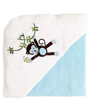 My Milestones Premium Hooded Towel Monkey Embroidery Solid Pattern - Blue