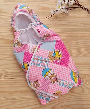 Babyhug Hooded Quilted Wrapper Teddy Bear Print - Pink