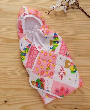 Babyhug Hooded Quilted Wrapper Happy Bear Print - Pink