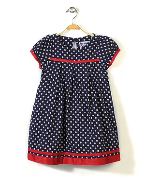 The DRAGON and the RABBIT Yoked Pleated Dotted Print Dress - Navy Blue