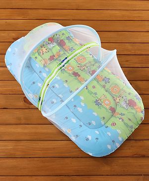 Babyhug Cotton Bedding Set with Center Zip Mosquito Net Animals With House Print- Blue
