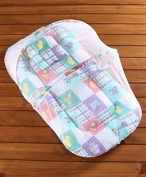 Babyhug Cotton Blend Bedding Set With Mosquito Net Animals In Checks Print - Purple