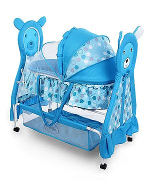 Babyhug Love Teddy Print Bassinet with Swing Lock Function and Detachable Inner Storage Basket  Blue| Storage Basket| Wheels with Lock| Mosquito Net